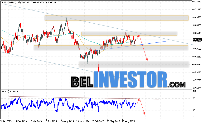 Форекс прогноз AUD/USD на неделю 17 — 21 ноября 2025 Валютная пара Австралийский Доллар к Доллару США AUD/USD завершает торговую неделю вблизи области 0.6536. Пара продолжает движение в рамках развития коррекции и нисходящего канала. Скользящие средние указывают на наличие бычьей тенденции. Цены вновь тестируют область между сигнальными линиями, что указывает на давление со стороны покупателей актива и потенциальное продолжение роста стоимости валютной пары. На данный момент стоит ожидать попытку развития бычьей коррекции и тест области сопротивления вблизи уровня 0.6585. Затем, отскок вниз и продолжение падения AUD/USD с потенциальной целью ниже уровня 0.6095 на валютном рынке.